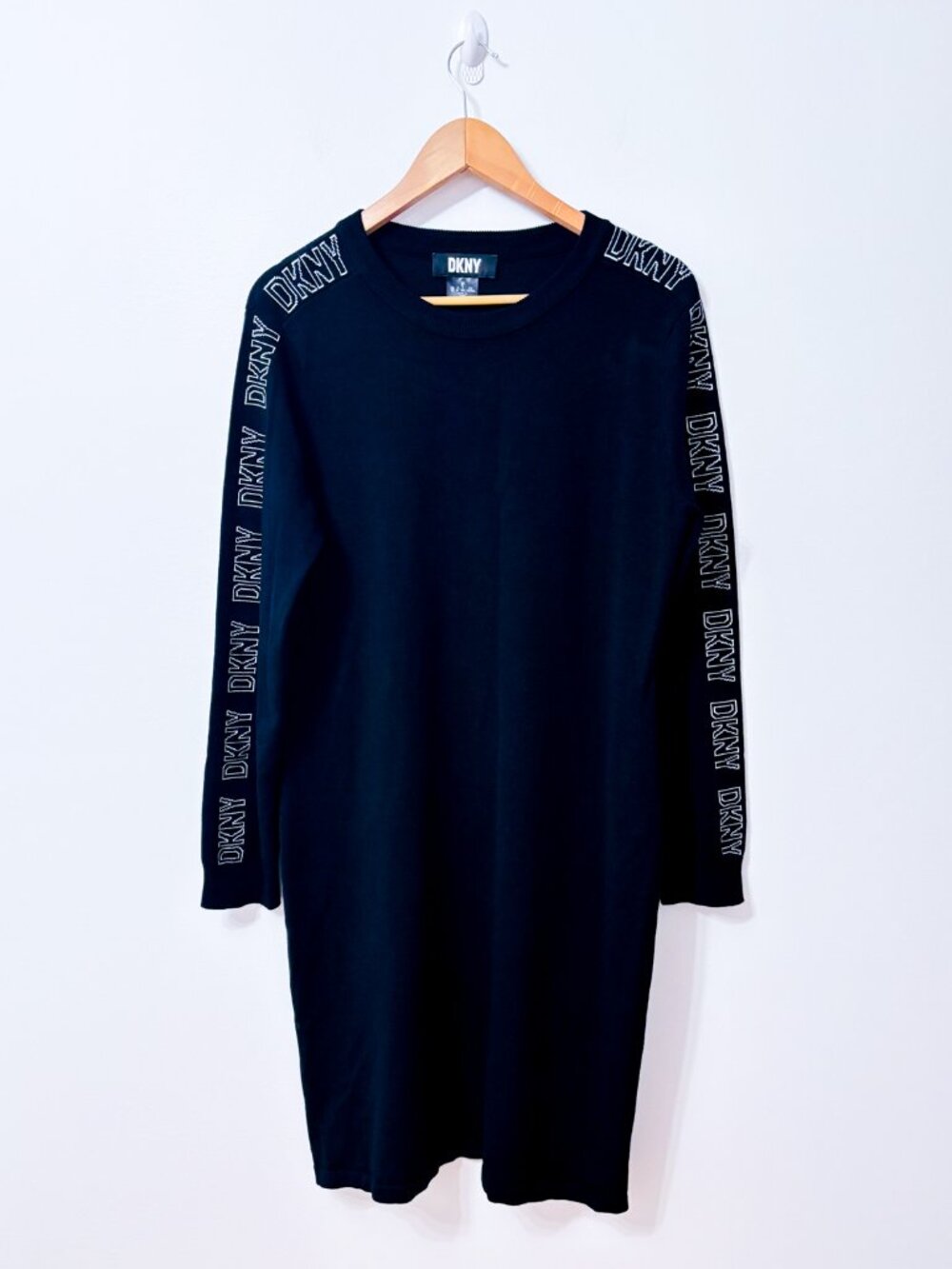 DKNY Black Logo Sleeve Crewneck Long Sleeve Knit Sweater Dress X-Large